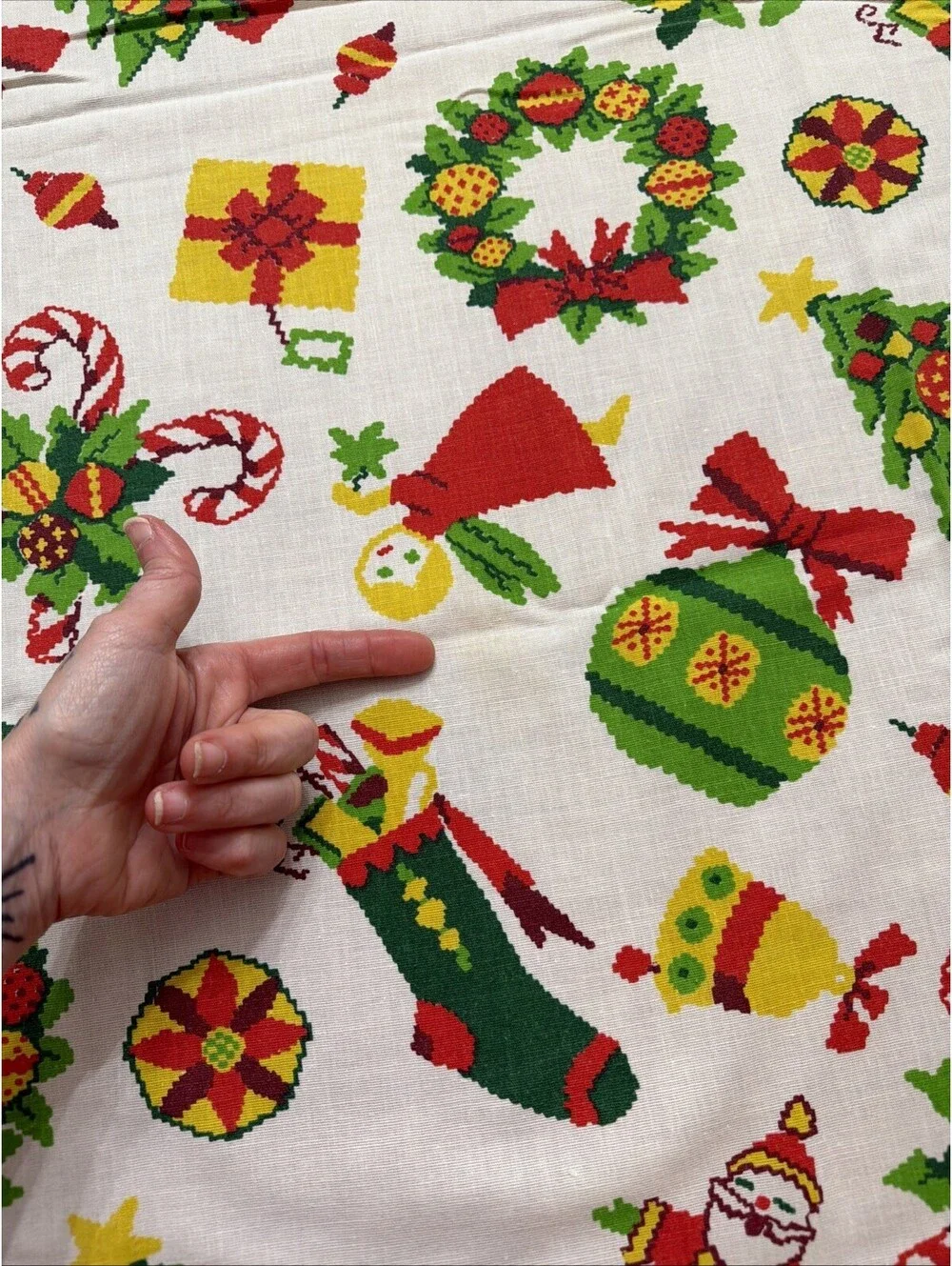 VTG Christmas Tablecloth Kitschy Mid Century Santa Angel Wreath Candy Cane 58x84